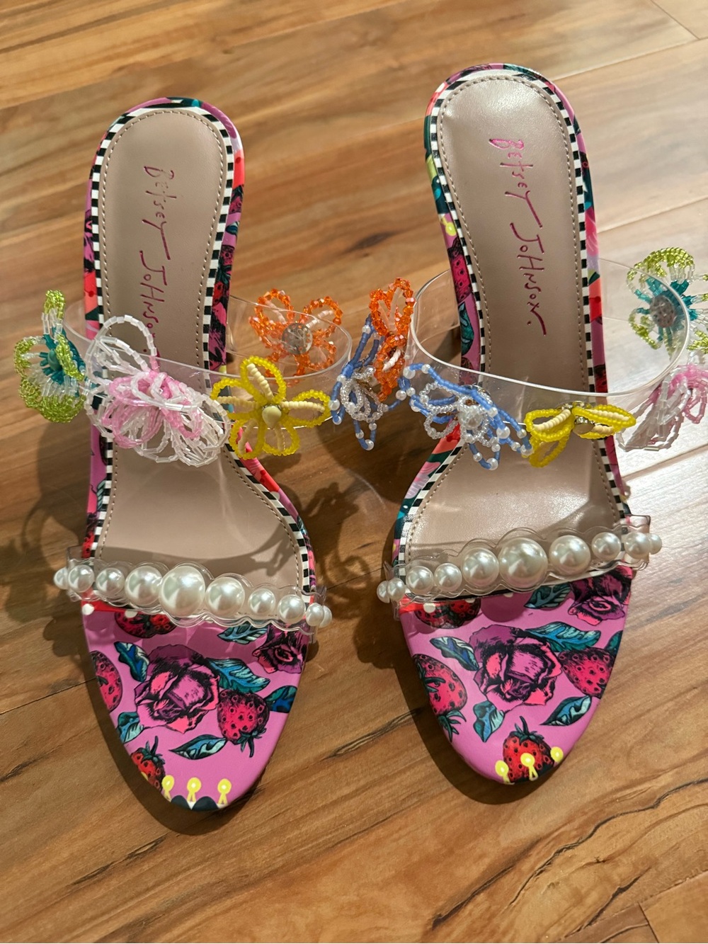 Betsey Johnson Pink Floral Beaded Pearl-Embellished Mules